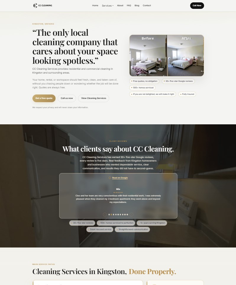 The rebuilt CC Cleaning Services website homepage.